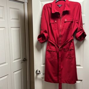 Sharagano chic belted shirt dress with zipper closure 2 chest and 2 side pockets